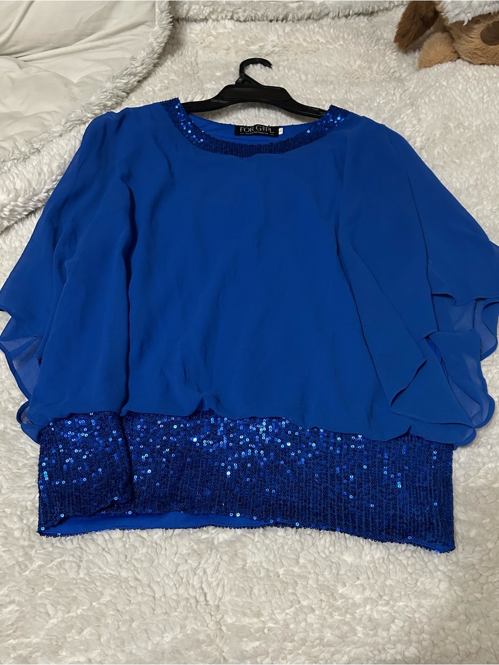 Royal Blue Sequin Hem Chiffon Blouse